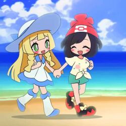 2girls animated blonde_hair creatures_(company) game_freak green_eyes holding_hands kakk_e lillie_(pokemon) multiple_girls nintendo pokemon pokemon_sm running selene_(pokemon) video