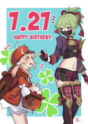 2girls absurdres arm_belt backpack bag belt black_belt black_gloves black_shirt black_shorts blonde_hair commentary_request crop_top dress genshin_impact gloves green_hair grey_gloves happy_birthday hat height_difference highres holding jacket klee_(genshin_impact) kuki_shinobu long_hair long_sleeves midriff mikiseriavoid multiple_girls navel open_clothes open_jacket open_mouth orange_eyes ponytail purple_eyes purple_jacket red_dress red_hat shirt short_hair short_shorts shorts stomach thighhighs