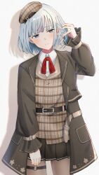 1girl absurdres aose_(aose_pp) belt beret black_belt black_coat black_skirt blue_eyes blue_hair blush bob_cut brown_hat brown_jacket brown_pantyhose closed_mouth coat collared_shirt commentary_request cowboy_shot drop_shadow film_grain floral_print frilled_sleeves frills hair_behind_ear hand_in_own_hair hand_up hat head_tilt highres jacket lapels light_smile long_sleeves looking_at_viewer miniskirt neck_ribbon o-ring o-ring_thigh_strap open_clothes open_coat pantyhose plaid_clothes plaid_hat plaid_jacket pleated_skirt pocket project_sekai puffy_long_sleeves puffy_sleeves red_ribbon ribbon shirt short_hair simple_background single_horizontal_stripe skirt solo standing straight-on thigh_strap white_background white_shirt yoisaki_kanade