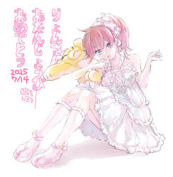 1girl aiba_ami bare_shoulders blue_eyes breasts digimon digimon_story:_cyber_sleuth dress full_body gift_art oden_(odenzzi) red_hair side_ponytail simple_background sitting solo stuffed_animal stuffed_toy teddy_bear white_background white_dress