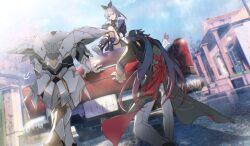 2boys 3girls absurdres armor black_bow black_cat black_coat black_jacket blade_(honkai:_star_rail) blue_hair bow building car cat coat column commentary crossed_legs elio_(honkai:_star_rail) facing_away full_body fur-trimmed_jacket fur_trim gloves gradient_hair grey_hair highres honkai:_star_rail honkai_(series) jacket kafka_(honkai:_star_rail) license_plate long_hair long_sleeves motor_vehicle multicolored_hair multiple_boys multiple_girls outdoors pillar purple_gloves pushing_car red_bow red_hair sam_(honkai:_star_rail) shirt silver_wolf_(honkai:_star_rail) sitting stellaron_hunters_(honkai:_star_rail) struggling sweatdrop thumbs_up white_shirt zassyoku_dd