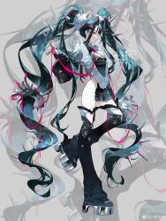 1girl absurdres bandaged_leg bandages black_dress black_leg_warmers black_sleeves blue_hair blunt_bangs chinese_commentary choker closed_mouth clothing_cutout commentary_request dress expressionless eyelashes full_body grey_background grey_sandals hair_ornament hair_ribbon hatsune_miku heart_cutout highres knee_cutout leg_warmers long_hair long_sleeves pink_eyes pink_ribbon pom_pom_(clothes) pom_pom_hair_ornament ribbon sample_watermark sandals side_slit simple_background solo spiked_choker spikes twintails very_long_hair vocaloid watermark wavy_hair weibo_watermark white_choker wide_sleeves zoom_layer zuizui