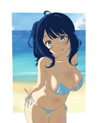 1girl alternate_hairstyle arms_behind_back bikini blue_bikini blue_eyes blue_hair blush breasts bursting_breasts cleavage highres large_breasts legs make_heroine_ga_oo_sugiru! medium_hair navel ponytail side-tie_bikini_bottom sideboob smile solo swimsuit thighs tongue tongue_out yanami_anna