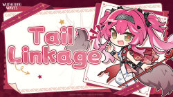 Rule 34 | 1girl, armor, black bow, bodysuit, bow, brown tail, chibi, chibi only, commentary, english commentary, fang, hair between eyes, hair bow, hair ornament, hairband, headgear, highres, long hair, looking at viewer, lupa (wuthering waves), metal hairband, multiple hair bows, official art, open mouth, pink hair, red pupils, smile, solo, star (symbol), tacet mark (wuthering waves), tail, twintails, v-shaped eyebrows, wolf girl, wolf tail, wuthering waves, yellow eyes