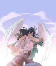 2boys arm_tattoo back braid closed_eyes commentary cowboy_shot english_commentary genshin_impact hair_between_eyes hat highres hug itslopezz long_sleeves multiple_boys purple_sky shirt short_hair sky tattoo twitter_username venti_(genshin_impact) white_shirt white_wings wings xiao_(genshin_impact)