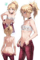 1girl ass back bare_shoulders blonde_hair braid breasts butt_crack clothes_pull collarbone fate/apocrypha fate_(series) green_eyes half_up_braid highres long_hair looking_at_viewer mordred_(fate) mordred_(fate/apocrypha) multiple_views navel open_fly open_pants pants pants_pull parted_bangs ponytail pulling_own_clothes red_pants red_scrunchie sarashi scrunchie sidelocks small_breasts stomach tonee topless_female