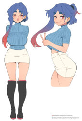 1girl absurdres animanghayo arms_behind_back blue_hair blue_sweater breasts clip_studio_paint_(medium) commentary english_commentary fang gradient_hair hand_up highres large_breasts looking_at_viewer mayu_(animanghayo) mole mole_under_eye multicolored_hair multiple_views original patreon_logo patreon_username pencil_skirt ribbed_sweater shirt simple_background skin_fang skirt smile subscribestar_logo subscribestar_username sweater thick_eyebrows thighs tongue tongue_out v white_background white_shirt