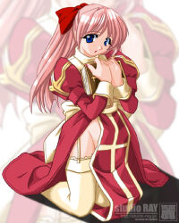 1girl 2000s_(style) back_bow blue_eyes book bow commentary_request dress frilled_thighhighs frills full_body garter_straps hair_bow high_priest_(ragnarok_online) holding holding_book juliet_sleeves kneeling long_hair long_sleeves looking_at_viewer no_panties open_mouth pelvic_curtain pink_hair puffy_sleeves ragnarok_online red_bow red_dress sash solo tatsumi_ray thighhighs two-tone_dress watermark web_address white_bow white_dress white_sash white_thighhighs zoom_layer