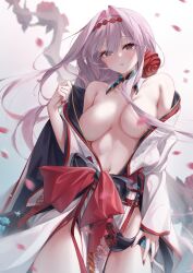 1girl aeon_ion blonde_hair breasts brown_eyes goddess_of_victory:_nikke highres japanese_clothes kimono no_bra nude open_clothes open_shirt petals scarlet_(nikke) undressing