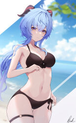 1girl absurdres ahoge bare_shoulders blue_hair blush breasts ganyu_(genshin_impact) genshin_impact goat_horns highres horns long_hair looking_at_viewer low_ponytail medium_breasts navel pisuke_(user_kcmh2774) ponytail purple_eyes sidelocks smile solo stomach swimsuit thigh_strap