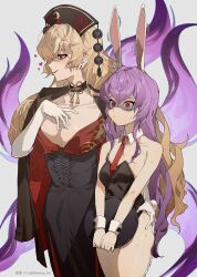 Rule 34 | 2girls, absurdres, alternate costume, animal ears, bare shoulders, black coat, black corset, black dress, black leotard, blonde hair, breasts, cleavage, coat, collarbone, commentary, corset, cowboy shot, detached collar, dress, energy, gloves, grabbing another&#039;s ass, groping, hand on own chest, heart, height difference, highres, holding, holding tray, junko (touhou), large breasts, leotard, long hair, looking ahead, multiple girls, necktie, playboy bunny, purple hair, rabbit ears, red eyes, red necktie, reisen udongein inaba, shaded face, shimiya jin, strapless, strapless leotard, sweat, symbol-only commentary, touhou, tray, very long hair, white background, white gloves, wrist cuffs