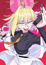 Rule 34 | 1girl, animal ears, bat ears, bat girl, borrowed character, breasts, freckles, glasses, hair intakes, highres, lab coat, medium breasts, medium hair, messy hair, oniku (oniku029029mm), original, red background, round eyewear, sanpaku, sharp teeth, simple background, teeth, tinker belle (eisu)