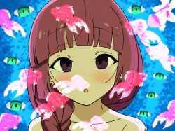 1girl :o bare_shoulders blue_background blunt_bangs blurry blurry_background blush bocchi_the_rock! braid collarbone crossed_eyes dazed disembodied_eye dizzy dress earrings empty_eyes fangs fish flying_fish goldfish goumonsha green_dress green_eyes hair_over_shoulder highres hiroi_kikuri jewelry long_hair looking_at_viewer open_mouth portrait purple_eyes purple_hair raised_eyebrows ringed_eyes solo spaghetti_strap strap_slip stud_earrings transparent