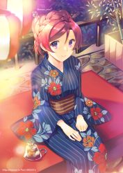 1girl bad_id bad_pixiv_id bamboo blush braid female_focus fish goldfish hair_ornament hairpin japanese_clothes kimono lantern looking_at_viewer love_live! love_live!_school_idol_festival love_live!_school_idol_project nishikino_maki purple_eyes red_hair short_hair sitting smile solo trianon yukata