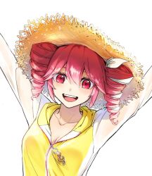 1girl alternate_costume amd_aiay arms_up breasts cleavage collarbone commentary_request double-parted_bangs hair_between_eyes hat jacket kasane_teto kasane_teto_(sv) looking_at_viewer medium_breasts musical_note open_mouth red_eyes red_hair simple_background solo straw_hat sun_hat synthesizer_v teeth tongue twintails upper_body upper_teeth_only utau white_background yellow_hat yellow_jacket
