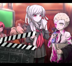 2boys 4girls black_serafuku blonde_hair blood book bottle braid breasts brown_hair clapperboard commentary_request danganronpa_(series) danganronpa_2:_goodbye_despair freckles glasses grey_hair hair_ornament hair_ribbon hinata_hajime holding holding_book holding_bottle jacket japanese_clothes kimono koizumi_mahiru kuzuryu_fuyuhiko long_hair long_sleeves looking_at_viewer mioda_ibuki multiple_boys multiple_girls necktie open_mouth orange_kimono pekoyama_peko pink_blood red_eyes red_hair red_necktie ribbon saionji_hiyoko school_uniform serafuku shirt short_hair skirt smile towel twin_braids twintails unworn_eyewear unworn_necktie white_shirt yellow_eyes zi_huahuo