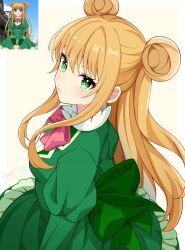 Rule 34 | 1girl, absurdres, blonde hair, blush, bow, breasts, closed mouth, double bun, dress, frilled dress, frills, green dress, green eyes, hair bun, highres, juliet sleeves, lan ruobing, long hair, long sleeves, looking at viewer, pink bow, puffy sleeves, reference inset, semise tuzi, sitting, solo, twitter username, very long hair, zhandou wang zhi jufeng zhan hun
