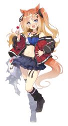 1girl :o absurdres animal_ears bare_shoulders black_scrunchie black_skirt black_socks blue_eyes blunt_bangs breasts brown_hair candy espoir_city_(umamusume) food full_body hair_ornament hair_scrunchie hairclip highres holding holding_candy holding_food holding_lollipop horse_ears horse_girl horse_tail jacket lollipop long_hair looking_at_viewer loose_socks midriff miniskirt multicolored_hair navel nueco off_shoulder one_side_up pleated_skirt red_jacket scrunchie shoes simple_background skirt small_breasts sneakers socks solo streaked_hair tail tsurime umamusume white_background white_hair