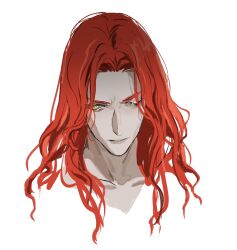1boy closed_mouth collarbone commentary cropped_shoulders curtained_hair elden_ring elden_ring:_shadow_of_the_erdtree hashtag-only_commentary highres keapriciti long_hair looking_ahead male_focus messmer_the_impaler one_eye_closed red_hair simple_background solo white_background yellow_eyes