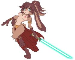 1girl blue_eyes breasts energy_sword furry furry_female highres huttslayer_leia large_breasts lightsaber loincloth lop_(star_wars) nipples ponytail princess_leia rabbit_ears rabbit_girl rabbit_tail slave star_wars star_wars:_visions sword topless_female weapon