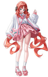 1girl alternate_costume aqua_eyes bow bowtie casual collared_shirt floating_hair full_body genshin_impact gluteal_fold highres jacket long_hair long_sleeves looking_down low_twintails my_melody myless nilou_(genshin_impact) onegai_my_melody open_clothes open_jacket open_mouth panties pink_bag pink_bow pink_bowtie pink_panties pink_shorts pink_skirt red_hair sanrio shirt shirt_tucked_in shorts simple_background skirt smile socks solo standing teeth twintails underwear very_long_hair white_background white_jacket white_shirt white_socks