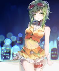 1girl bare_arms blurry blurry_background bokeh brooch cityscape commentary contrapposto cowboy_shot cropped_jacket depth_of_field detached_collar frilled_garter goggles goggles_on_head green_eyes green_hair green_nails gumi headphones highres jacket jewelry layered_skirt medium_hair miniskirt nail_polish night nuko_0108 orange_jacket orange_skirt red_goggles shirt sidelocks skirt sleeveless sleeveless_jacket sleeveless_shirt smile solo vocaloid yellow_shirt