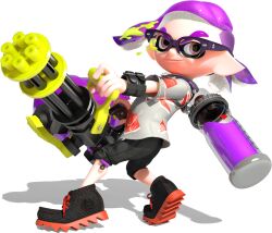 1boy 3d armband black_pants black_shoes colored_shoe_soles comb_over dynamic_pose eye_mask full_body glasses gradient_hair heavy_splatling_(splatoon) highres holding holding_weapon ink_tank_(splatoon) inkling inkling_boy inkling_player_character kensaki_(splatoon) looking_at_viewer moccasins multicolored_hair nintendo official_art orange_eyes paint_splatter paint_splatter_on_face pale_skin pants purple_hair shoes short_hair short_sleeves shorts sidelocks smile sneakers solo splatoon_(series) splatoon_2 spotted_hair suction_cups tentacle_hair thick_eyebrows transparent_background two-tone_hair v-shaped_eyebrows weapon
