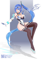 1girl ;d absurdly_long_hair an-chang artist_name bare_shoulders blue_eyes blue_hair blush breasts cleavage commission covered_navel dated elbow_gloves full_body gloves hair_between_eyes highleg highleg_leotard highres large_breasts leotard long_hair looking_at_viewer one_eye_closed open_mouth original pixiv_id qr_code shadow side_ponytail signature skeb_commission smile solo thighhighs twitter_username v very_long_hair white_gloves white_leotard
