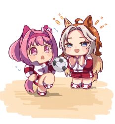 2girls :d ahoge animal_ears ball blue_eyes bow brown_hair chibi commentary_request ear_bow flower-shaped_pupils forehead grey_hair hairband haru_urara_(umamusume) highres horse_ears horse_girl horse_tail jacket moko39_takasora multicolored_hair multiple_girls open_mouth orfevre_(umamusume) pink_hair purple_eyes purple_hairband red_jacket red_shorts shoes shorts smile soccer_ball standing standing_on_one_leg symbol-shaped_pupils tail tracen_training_uniform track_jacket two-tone_hair umamusume v-shaped_eyebrows white_background white_bow white_shoes