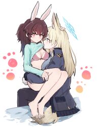 2girls absurdres animal_ears arm_around_waist barefoot black_coat blue_archive blue_sweater blush bottomless bra breasts brown_hair closed_mouth clothes_lift coat commentary_request dog_ears female_sensei_(blue_archive) female_sensei_(blue_archive)_(senta_(ysk_0218)) halo hand_on_another&#039;s_head highres kanna_(blue_archive) kemonomimi_mode long_hair looking_at_another medium_breasts multiple_girls paw_print pink_bra pink_eyes rabbit_ears sensei_(blue_archive) senta_(ysk_0218) simple_background sweatdrop sweater sweater_lift underwear white_background yuri