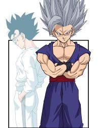 1boy black_eyes black_hair crossed_arms dragon_ball dragon_ball_super dragon_ball_super_super_hero glasses gohan_beast hand_in_pocket happy highres looking_at_viewer muscular muscular_male red_eyes smile smug solo son_gohan spiked_hair transformation white_hair