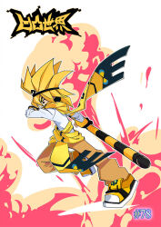 1boy aotu_world black_gloves black_hairband blonde_hair brown_pants clothes_around_waist copyright_name explosion facial_mark floating_clothes from_side full_body gloves godrose_(aotu_world) hairband holding holding_staff long_sleeves looking_at_viewer male_focus numbered official_art pants profile qi_chuang_she running scarf shirt shoes smile sneakers solo spiked_hair staff third-party_source white_background white_shirt yellow_eyes yellow_scarf yellow_shoes