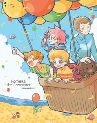 2girls 4boys balloon blonde_hair blue_shirt boney brown_hair brown_hat character_request check_character claus_(mother_3) closed_eyes closed_mouth collared_shirt copyright_name cowboy_hat dog duster_(mother) earrings facial_hair flint_(mother_3) flower frog haru-cho hat highres hinawa jewelry kumatora lucas_(mother_3) mother_(series) mother_3 multiple_boys multiple_girls mustache nintendo open_mouth parted_lips petting red_hair rope_snake shirt short_hair stud_earrings ultimate_chimera