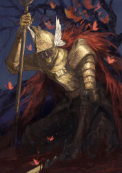 1other agong armor blood bug butterfly cape chinese_commentary cleanrot_knight commentary_request elden_ring full_armor gold_armor helm helmet highres holding holding_weapon insect kneeling red_cape scale_armor torn_cape torn_clothes tree weapon winged_helmet