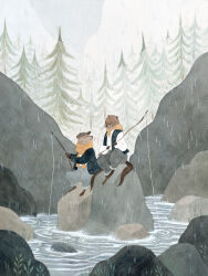 2others animal_focus black_jacket black_vest commentary english_commentary fishing fishing_rod gouache_(medium) highres holding holding_fishing_rod jacket lake looking_at_another multiple_others nature no_humans original otter outdoors painting_(medium) rain scarf shirt sitting smile traditional_media tree vanessa_gillings vest water whiskers white_shirt yellow_scarf