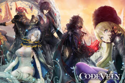 2girls 3boys artist_request bandaged_leg bandages belt black_cloak black_hair black_hat black_jacket black_pants black_vest blonde_hair blue_skirt breasts brown_hair claw_(weapon) cloak closed_mouth coat coat_on_shoulders code_vein copyright_name copyright_notice dress glowing green_eyes hair_over_one_eye hat highres holster io_(code_vein) jacket jewelry large_breasts long_hair looking_afar looking_at_viewer louis_(code_vein) mask mia_karnstein mouth_mask multiple_boys multiple_girls necklace official_art open_clothes open_shirt outdoors pants ponytail protagonist_(code_vein) red_eyes red_hair short_hair skirt thigh_holster torn_clothes torn_dress tree twintails vest weapon white_dress white_hair yakumo_(code_vein) yellow_eyes