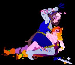 Rule 34 | 20years, 2girls, arm up, black background, blonde hair, blue eyes, blue skirt, blue vest, breasts, brown hair, closed mouth, clothes grab, collar grab, crown, ears down, emphasis lines, epaulettes, gloves, green eyes, hair between eyes, hair ribbon, high heels, highres, horse girl, horse tail, kneeling, long sleeves, looking at viewer, looking back, lying, medium breasts, meisho doto (umamusume), mini crown, multicolored hair, multiple girls, neckwear grab, no mouth, on back, on grass, ribbon, sanpaku, shirt, shirt grab, shoes, short hair, shorts, simple background, skirt, smile, straddling, sword, t.m. opera o (umamusume), tail, tears, umamusume, vest, weapon, white gloves, white hair, white shirt, white shoes, wide-eyed, yellow shorts