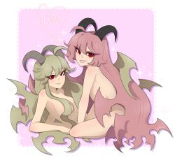 Rule 34 | 2girls, blonde hair, border, breasts, closed mouth, completely nude, demon girl, demon horns, english text, from side, funamusea, gallaxi, hair over breasts, horns, large breasts, lil (funamusea), long hair, looking at viewer, lying, multiple girls, non-web source, nude, pink border, pink hair, red eyes, sitting, slit pupils, smile, source request, sparkle, teeth, transparent background, very long hair