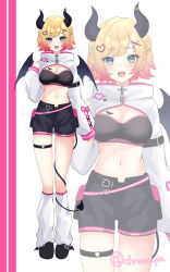 1girl black_horns black_shorts black_tail black_tube_top black_wings blonde_hair breast_tattoo breasts cleavage demon_girl demon_horns demon_tail demon_wings full_body gradient_hair highres hololive horns large_breasts leg_warmers multicolored_hair navel pink_hair shirokumo_chromu short_hair shorts shrug_(clothing) solo_focus strapless tail tattoo tube_top two-tone_hair virtual_youtuber white_leg_warmers white_shrug winged_heart_tattoo wings yuzuki_choco zoom_layer