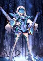 Rule 34 | 1girl, anklet, arm at side, armor, armored leotard, black dress, black gloves, black mask, blue armor, blue collar, bracer, breasts, choco (chocolate shop), closed mouth, collar, covered eyes, covered navel, dress, expressionless, eye mask, fairy sword arondight, fate/grand order, fate (series), full body, game cg, gloves, hand up, high heels, jewelry, large variant set, legs apart, leotard, long hair, long sleeves, melusine (fate), melusine (first ascension) (fate), official art, short dress, shoulder armor, sidelocks, small breasts, solo, standing, third-party source, turtleneck, turtleneck dress, variant set, white hair
