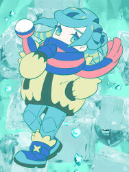 1boy aqua_eyes aqua_hair aqua_pants blue_boots blue_mittens blue_scarf boots bubble chibi chibi_only commentary_request floating_scarf grusha_(pokemon) hand_in_pocket hand_up highres ice ice_cube jacket long_sleeves looking_at_viewer male_focus min_(myna8247) mittens nintendo pants pokemon pokemon_sv scarf solo striped_clothes striped_scarf yellow_jacket