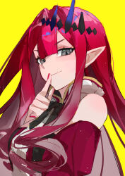1girl absurdres baobhan_sith_(fate) baobhan_sith_(first_ascension)_(fate) bare_shoulders blush breasts center_frills detached_sleeves dress fate/grand_order fate_(series) frills fui_(fui29493452) grey_eyes highres large_breasts long_hair looking_at_viewer pink_hair pointy_ears red_dress sidelocks smile solo tiara