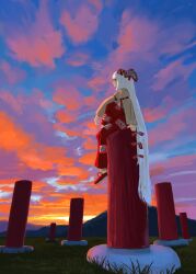 Rule 34 | 1girl, absurdres, blue sky, bow, brown shirt, closed mouth, cloud, column, commentary request, expressionless, fujiwara no mokou, full body, grey bow, hair bow, highres, long hair, long sleeves, looking afar, ofuda, ofuda on clothes, orange sky, pants, pillar, red pants, red shoes, ritsuzou, shirt, shoes, sitting, sky, solo, sunset, touhou, very long hair, white hair