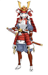 1girl absurdres armor baggy_pants blue_eyes fingerless_gloves full_body gloves hakama hakama_pants hand_on_hilt helmet highres holding holding_sword holding_weapon japanese_armor japanese_clothes kabuto_(helmet) katana kote kusazuri long_hair looking_at_viewer original pants pants_tucked_in samurai sheath sheathed shoulder_armor simple_background sode solo standing sword tabi tachi-e transparent_background virtual_youtuber weapon white_background white_hair zzq