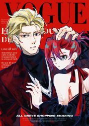 1boy 1girl alternate_costume alternate_hairstyle amate_yuzuriha aqua_eyes bare_shoulders black_corset black_dress black_hair black_shirt blonde_hair blue_eyes char_aznable chinese_commentary commentary_request corset cover crescent crescent_earrings dress earrings english_text fake_magazine_cover formal_clothes gundam gundam_gquuuuuux hair_slicked_back hand_on_another&#039;s_chest hand_on_another&#039;s_head highres jacket jewelry long_sleeves looking_at_viewer magazine_cover mikazuki121410 multicolored_eyes multicolored_hair neck_ribbon parted_lips red_background red_eyes red_hair red_jacket red_ribbon ribbon shirt short_hair short_sidetail side_ponytail simple_background strapless strapless_dress turtleneck two-tone_eyes two-tone_hair upper_body vest vogue_(magazine) white_vest