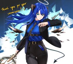 1girl aqua_eyes arknights belt belt_buckle black_belt black_horns black_jacket black_necktie black_pants black_tail blazer blue_hair blue_shirt bnelsey buckle buttoned_cuffs buttons chest_belt collared_shirt commentary commission cowboy_shot detached_wings dress_shirt english_commentary fingernails halo holding holding_staff horns jacket lapels long_hair long_sleeves looking_at_viewer mostima_(arknights) necktie open_clothes open_jacket pants parted_lips shirt solo staff standing tail thank_you traditional_halo vgen_commission white_halo wings