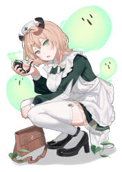1girl absurdres animal_ears apron bag between_legs black_shoes breasts brown_bag brown_hair buttons center_frills collared_dress double-parted_bangs dress expressionless frills full_body garter_straps green_dress green_eyes hand_between_legs hat head_tilt highres holding holding_smoking_pipe indie_virtual_youtuber large_breasts long_sleeves looking_at_viewer mucheng naplings_(nimi_nightmare) nimi_nightmare nurse nurse_cap one_side_up open_mouth satchel shadow shoes short_dress short_hair simple_background sleeve_cuffs smoking_pipe sprout squatting strappy_heels tapir_ears tapir_girl thighhighs virtual_youtuber white_apron white_background white_hat white_sleeve_cuffs white_thighhighs zettai_ryouiki