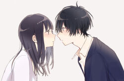 1boy 1girl black_eyes black_hair blue_jacket brown_eyes collared_shirt eye_contact from_side highres jacket long_bangs looking_at_another open_mouth original profile shirt short_hair simple_background upper_body white_background white_shirt yuyu