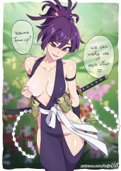 1girl artist_name blush breasts cleavage clothes_pull english_text hip_vent jigokuraku kajin_(kajinman) katana kunai large_breasts looking_at_viewer ninja no_bra patreon_username purple_hair red_eyes sash sheath sheathed smile solo speech_bubble sweat sword topknot watermark weapon web_address yuzuriha_(jigokuraku)