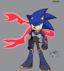 1boy armor blue_armor blue_fur body_fur clenched_teeth cosplay full_body green_eyes grey_background highres koasku male_focus mega_man_(series) mega_man_x:_command_mission mega_man_x_(series) new_armor_x_(mega_man) red_scarf scarf simple_background solo sonic_(series) sonic_the_hedgehog teeth x_(mega_man) x_(mega_man)_(cosplay)